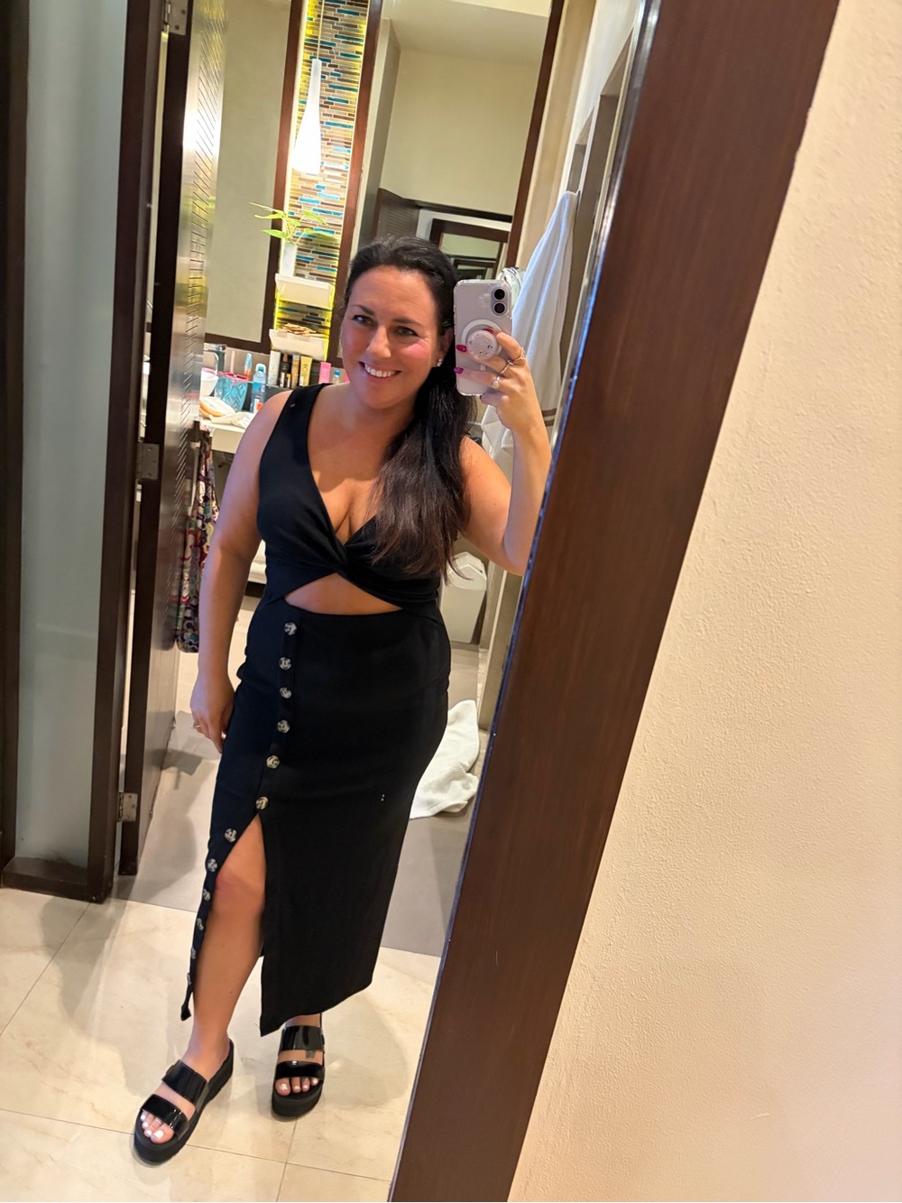 Lulu's Black Ribbed Twist-Front Cutout Midi Dress with Side Button Slit - Picture 5 of 5